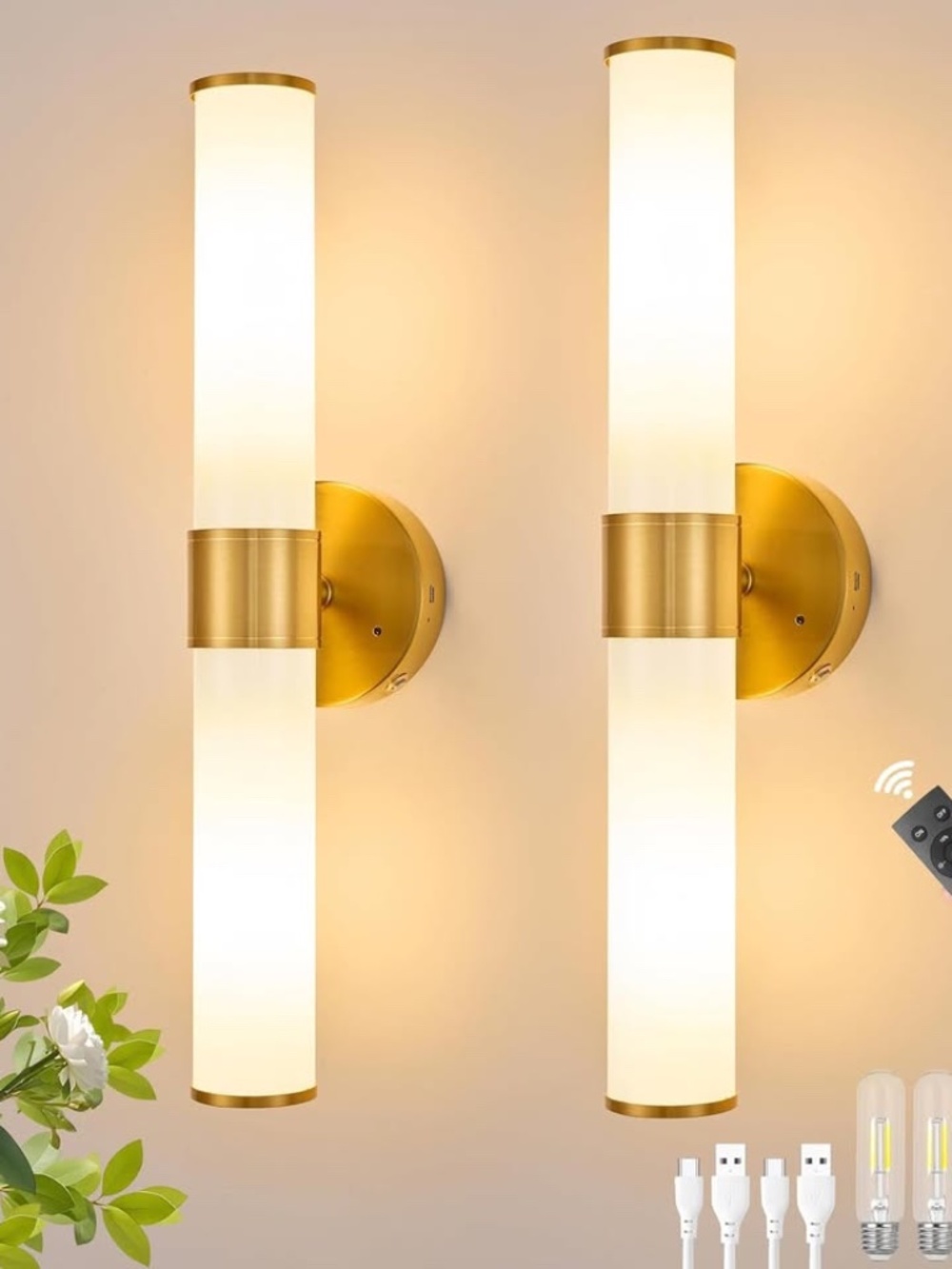 NEW Gold Battery Operated Wall Sconces Set of 2 with White Glass Lamp Shade